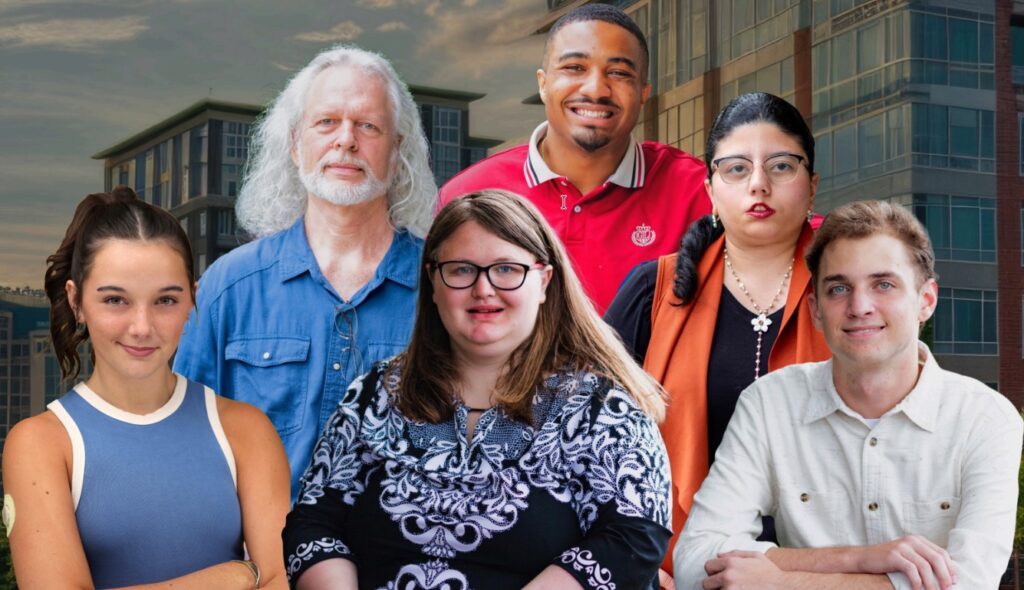 The six featured speakers for CAN Talks 2026, photographed together against a Greenville skyline backdrop